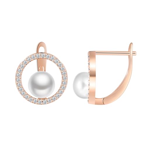 VIKILEE Zirconia Círculo con Perlas Pendientes Aro Mujer Plata de Ley 925, Brillante y Elegante Redondo Pendientes Hipoalergénico, Pendientes Clip de Perforacion Boda Joyas para Señora Novias Oro Rosa