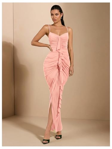 Image of Floerns Women's Ruffle Ruched Cami Dress Draped Split Elegant Bodycon Maxi Dresses