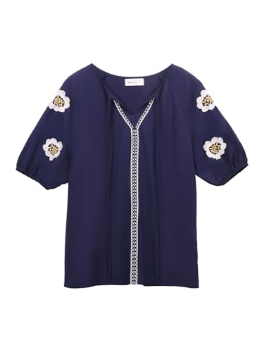 Image of Women's Summer Tops Floral Embroidered Puff Short Sleeve Shirts V Neck Boho Tunic Casual Blouse