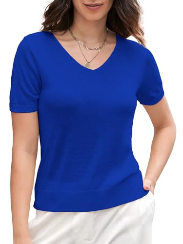 Image of SANGTREE Women's Short Sleeve Sweaters V Neck Casual Knit Pullover Tops | Perfect as a lightweight sweater for spring /summer or as a layering piece. Ideal for office, daily, holiday, home etc