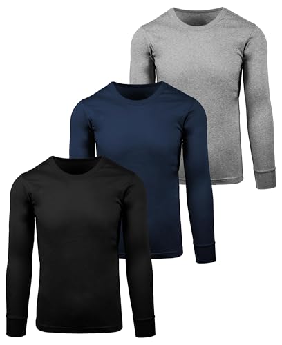 Andrew Scott Men's 3 Pack - Long Sleeve Thermal Baselayer Crew Neck Shirt | 100% Cotton Flat Knit
