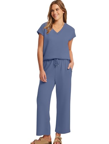 Image of Saloogoe Two Piece Sets for Women Summer Outfits Lounge Sets V Neck Tops Wide Leg Pants Woman Vacation Travel Outfits
