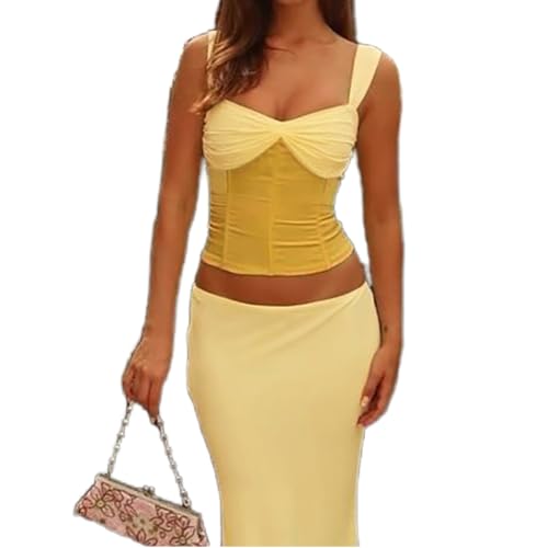 Womens Maxi Skirt Outfits Contrast Color Halter Crop Top Sexy Mesh Skirt Outfits Summer Beach Vacation Sets