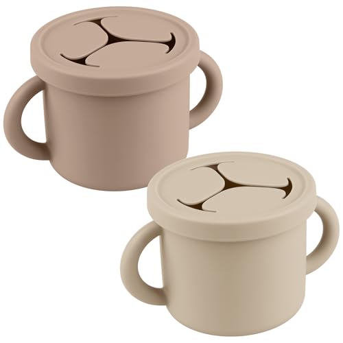 Image of Mintlyfe Snack Containers for Toddlers, Kids - 2 Pack Food Grade Silicone Snack Cups with Grip Handle (Sand/Natural)