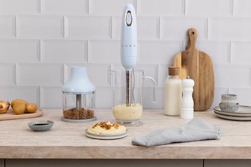 SMEG Handheld Immersion Blender with Beaker, Chopping Bowl w/Lid, Wire Whisk, 5 Speed Controls, made with Stainless Steel Blades and Ergonomic Design (Pastel Blue)