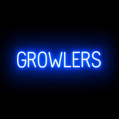 Image of SpellBrite LED Neon GROWLERS Sign for Business - Blue, 33 inch x 6 inch | Ultra-Bright Click-Together Signage for Bars & Restaurants, with Visibility from 500 ft - 8 Animations, 6 Brightness Levels