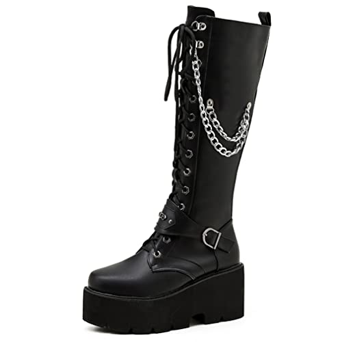 Parisuit Women's Knee High Goth Platform Buckle Boots Chunky High Heel Lace Up Punk Combat Boots With Chain-Black Size 10 #TOP4