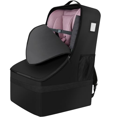 Bruwaa Car Seat Travel Bag - Large Durable Airport Gate Check Bag with Padded Backpack Straps, Black