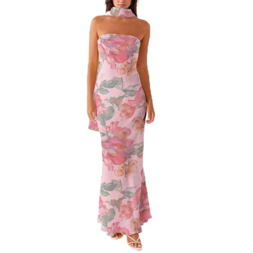 Women Floral Tube Maxi Dress with Scarf Summer Strapless Tube Bodycon Mesh Layer Cocktail Party Wedding Guest Dress