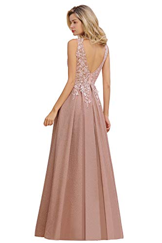MisShow Damen elegant Chiffon Abschlusskleid Ballkleider Abendkleider V Ausschnitt Festlich Partykleid Altrosa 36