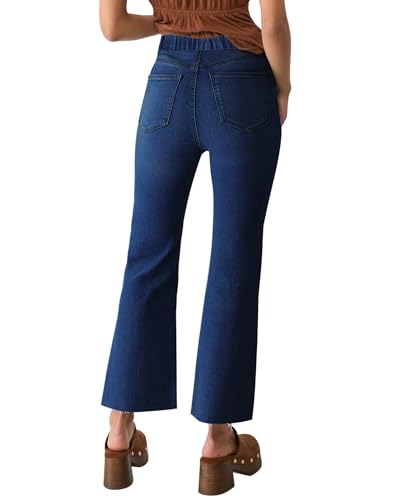 Pull on Jeans for Women,High Waist Denim Pants Stretchy Elastic Waist Cropped Ankle Length Jeans with Raw Hem2
