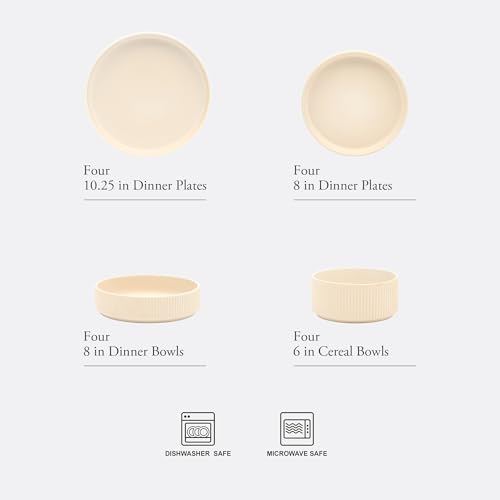 Image of Gibson Elite Deerfield 16-Piece Stoneware Dinnerware Set - Cream White Reactive Glaze Plates and Bowls, Stackable Design, Service for 4 - Dishwasher & Microwave Safe