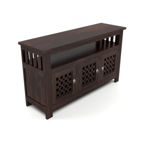 Image of Solid Sheesham Wood TV Unit Cabinet with Carved Doors | Wooden Entertainment Unit for Living Room | Multipurpose Sideboard for TV, Decor & Home Organization (Walnut Finish)