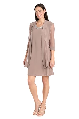 R&M Richards Women's 2 Piece Mesh Panel Beaded Neck Jacket Dress, Taupe, Medium