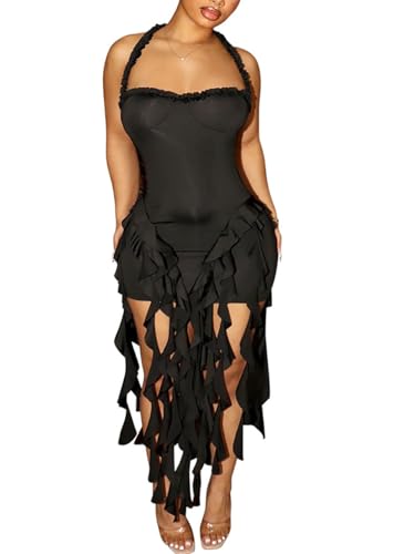 Image of Women's Sexy Fringe Ruffle Halter Neck Off Shoulder Bodycon Blackless Ruched Tassel Hem Mini Flowy Dress