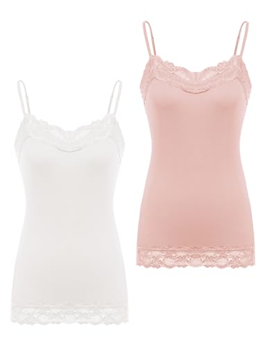 Image of Kate Kasin Women's Adjustable Spaghetti Strap Lace Trim Cami Tunic Tank Top 2PACK