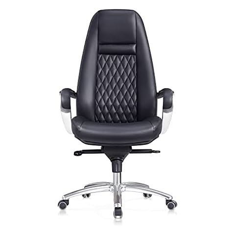 Genuine Leather Executive Office Chair with High Back Aluminum Swivel Base Ergonomic Synchro-Tilt Reclining Mechanism (Black) Cover