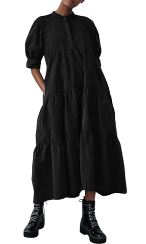 Image of chouyatou Women's Summer Puff Sleeve Maxi Tiered Babydoll Dress Casual A-Line Swing Long Shirt Dress