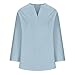 Cotton Linen Top Women Long Sleeve Peasant T-Shirt Side Slit Loose Casual V Neck Tunic Top Roll-up Sleeve Soft Blouse Light Blue