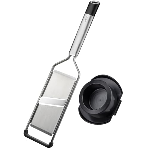 GEFU Gemüse- und Kartoffelhobel PRIMELINE mit Restehalter - Küchen-Hobel aus Edelstahl für perfekte Obst- & Gemüsescheiben und -streifen, Schnittstärke 3mm