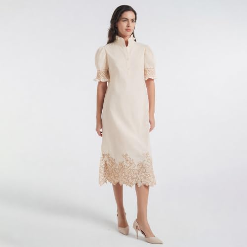 Image of Women's Summer Embroidered Midi Dress 2026 Button Down Short Sleeve Floral Shirt Dress