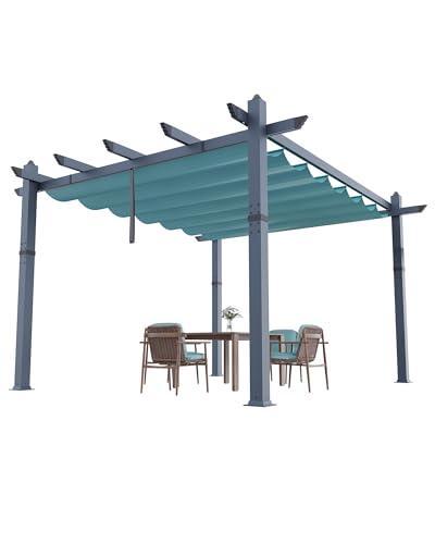 Image of KYBOLT 10x13 Ft Aluminum Pergola with Retractable Canopy Metal Gazebo for Garden Backyard Deck Porch Grape Trellis(Blue)