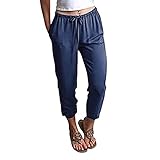 StarTreene Damen-Hose mit Kordelzug, elastischer Bund, Leinen, Freizeithose mit Taschen, dunkelblau,...