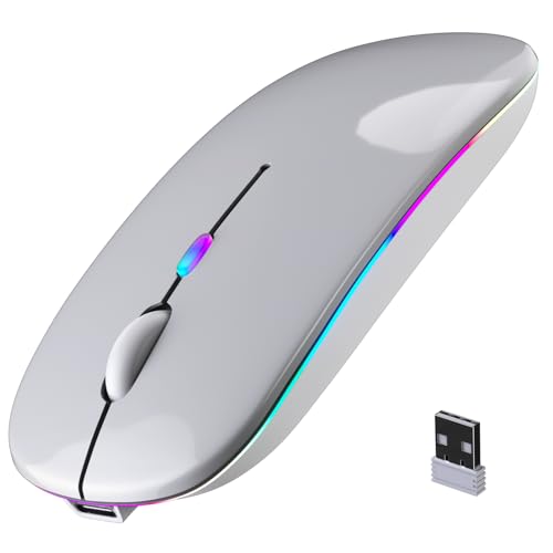 Image of Wireless Bluetooth Mouse, Rechargeable, LED, Silent, Ultra-thin Design (Bluetooth 5.2 and 2.4GHz USB Receiver) | Portable Computer Mouse for Laptops, iPads, MacBooks and Apple Devices (Silver)