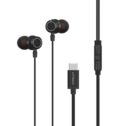 Image of UTRAX BeatX Type-C Wired Earphones with Mic | 14.2mm Driver, High Bass Stereo Sound | Magnetic Metal Earbuds | 1.2M TPE Anti-Tangle Cable | USB-C Earphones for Android Devices | Black