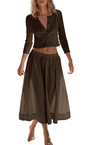 Panadila Womens 2 Piece Lounge Sets Matching Vacation Outfits Ribbed Button Down Cardigan and Elastic Waist Skirt Sets3