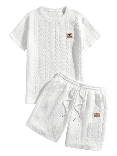 Floerns Men's 2 Piece Outfits Cable Knit Letter Patched Crewneck Tee and Shorts Sets