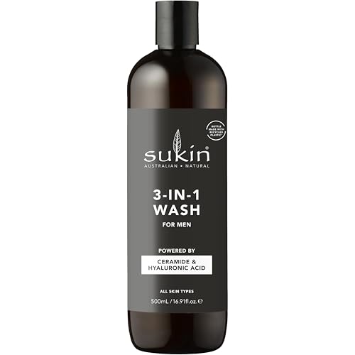Sukin - Men's 3 in 1 Wash - Hydrates Face, Hair and Body - Infused with Ceramides, Hyaluronic Acid and More - Natural Hair, Face and Body Wash - 500ml