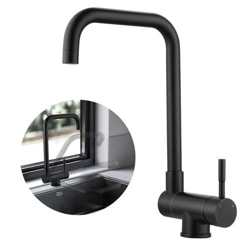 WOOHSE Vorfenster Küchenarmatur Schwarz Matt, Wasserhahn Küche 360° Drehbare, Armatur Küche Unterfenster Klappbar 180°, Einhebel Spültischarmatur aus Edelstahl