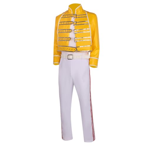 Mens 80s Band Attire Rock Costume Yellow Leather Costume Jacket Mens Singer Costume Halloween Carnival Party Cosplay Outfits (Full Set L)