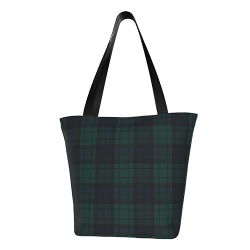 Black Watch Tartan Reusable Zippered Shoulder Bag, Stylish Polyester Tote With Wide Handle & Inner Pocket, Lightweight Durable Shopping & Travel Bag