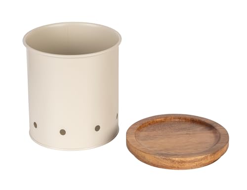WENKO 54046100 Aria - Bote de metal con tapa de madera de acacia, 13,5 x 15 cm de diámetro, color beige, metal pulverizado, color crema