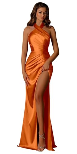 Image of Halter Satin Bridesmaid Dresses Long with Slit for Women Mermaid Prom Dress Pleated Formal Gown Evening Dress
