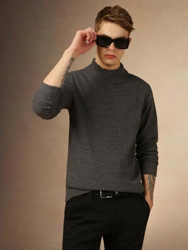Image of Dennis Lingo Men Grey Solid Slim Fit Full Sleeve Turtle Neck Pullover