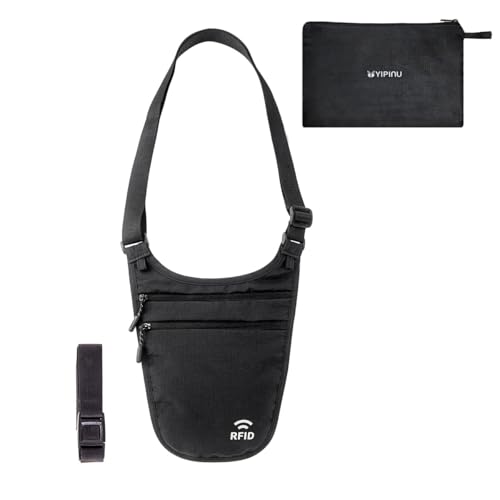 crossbody money belt for travel women amp men hidden travel wallet pouch - slim passport holde rfid blocking neck wallet under clothes to protect cash credit cards and documents black