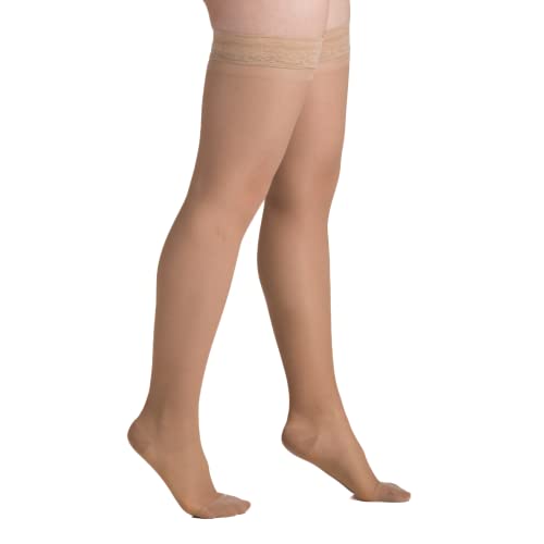 Image of EvoNation Women's Sheer Thigh High 15-20 mmHg Compression Stockings | Nylon-spandex fabric with lace-silicone top band, sandalfoot design and reinforced heel for secure all-day wear