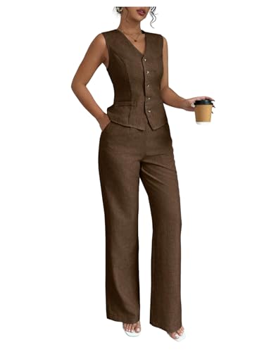SOLY HUX Women's 2 Piece Outfits V Neck Button Down Vest Tops and High Waisted Pants Set Office Work Suit