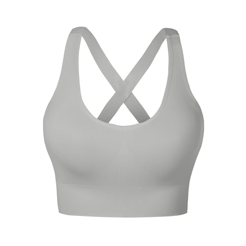 Nabawa Sports Bra for Women Unpadded Medium Support Criss Cross Back Strappy Sports Bras Seamless High Impact Yoga Workout Bra Gym Activewear Top,Grey,M