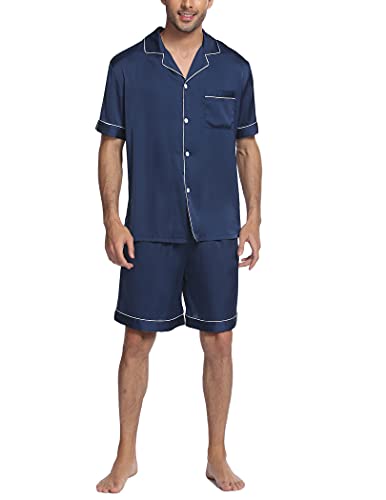 Image of Ekouaer Mens Satin Pajamas Set Button-Down Short /Long Sleeve Shirt Top Soft Silk Sleepwear Loose Pocket Pant Loungewear