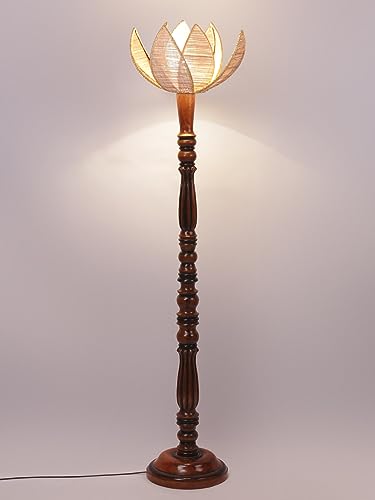 Image of Bamboo Shade Wooden Floor Lamp with Wooden Base, Height - 53 Inches | Contemporary Standing Lamp for Living Room, Bedroom & Office | Elegant Lighting for Stylish Home Interiors | Beige