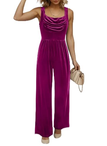 BLENCOT Women Sleeveless Fall Jumpsuits One Piece Outfits Square Neck Dressy Velvet Rompers Pleated Wide Leg Long Pants Winter Overalls with Pockets Pitaya Pink Small