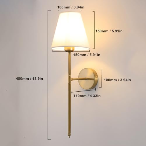 Image of Wall Sconces Sets of 2, Classic Brushed Brass Sconces Wall Lighting, Hardwired Bathroom Vanity Light Fixture with Fabric Shade for Bedroom Living Room Hallway Kitchen (Bulbs Included)(Warm light)