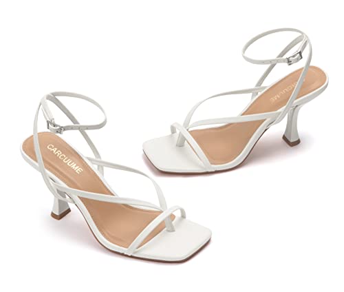 Image of Carcuume Womens Kitten Heels Square Toe Thong Strappy Ankle Strap Stiletto Heel Sandals