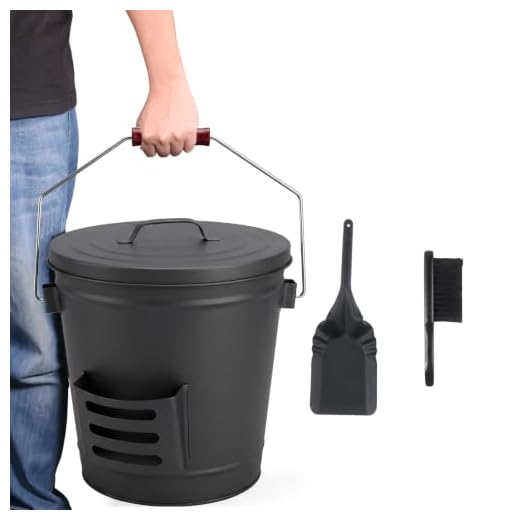Ash Bucket with Lid and Shovel Hand Broom, 5.15 Gallon Large Galvanized Iron Metal Fireplace Tools Ash Pail for Fire Places Fire Pits Wood Burning Stoves Hearth Accessories Indoor Outdoor, Black