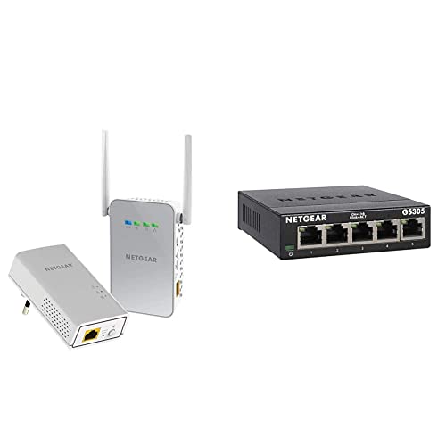 Netgear PLW1000-100PES Adattatori Powerline AV1000, Wireless AC Dual Band, 2 Porte Gigabit Totali, 2 Pezzi, Bianco & Switch Ethernet 5 Porte Gigabit Unmanaged GS305, Hub Di Rete Domestica, ‎Nero