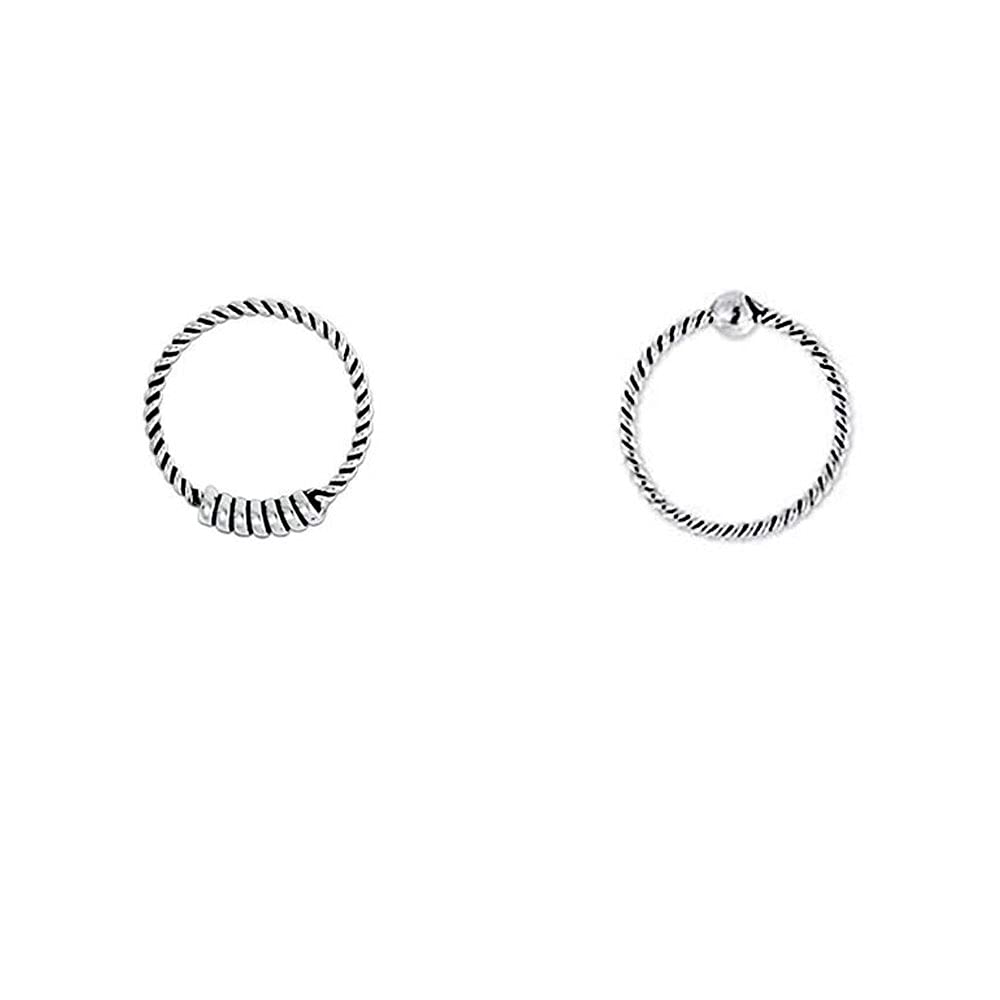 DENI 2 Aros Nariz Finos Tipo Trenzados, Plata de Ley 925, 9mm diámetro Interior, 0,6mm Grosor, 1 aro con Bola de Cierre y 1 aro con Barra de Cierre
